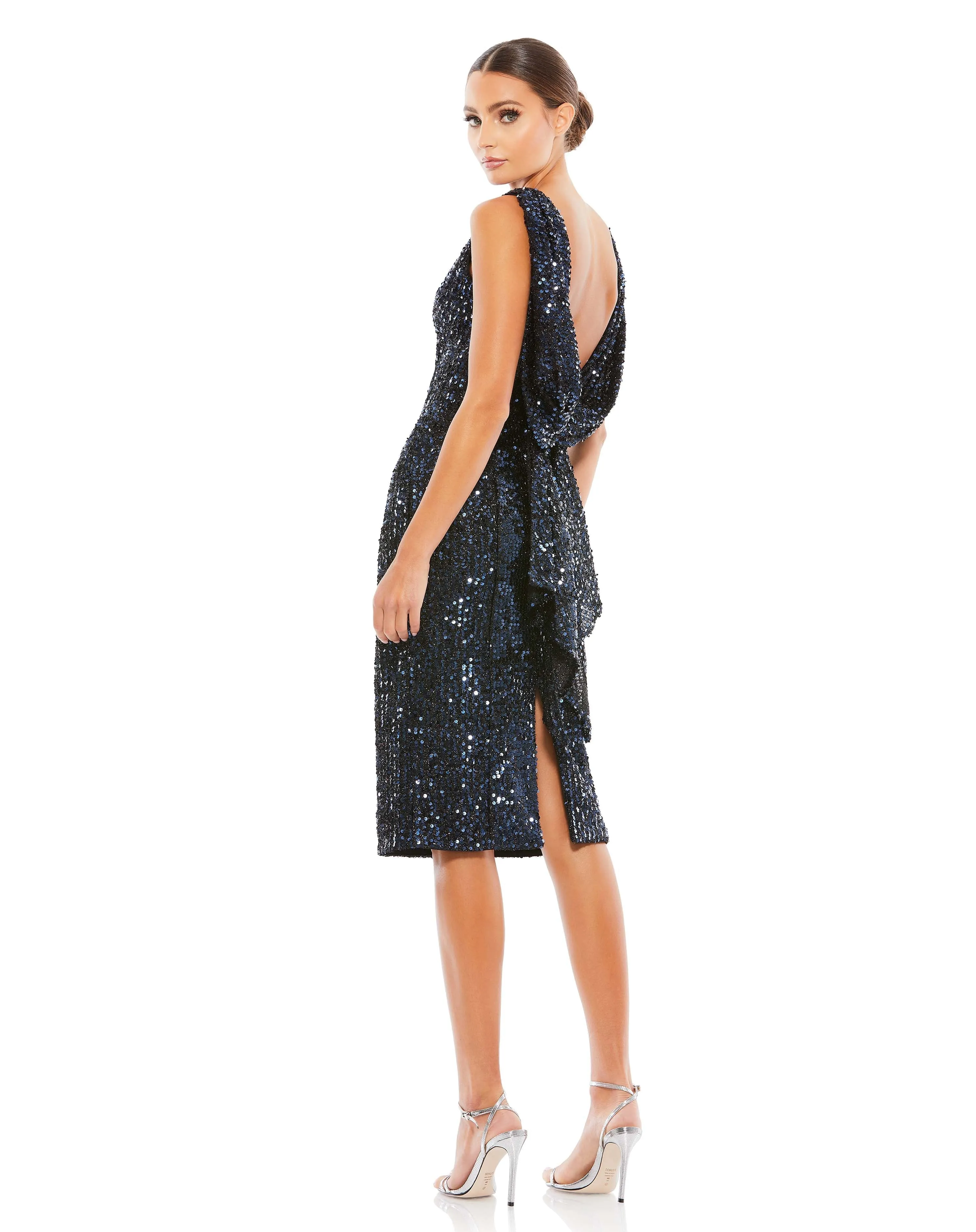 Draped Back Boatneck Sequined Cocktail Dress