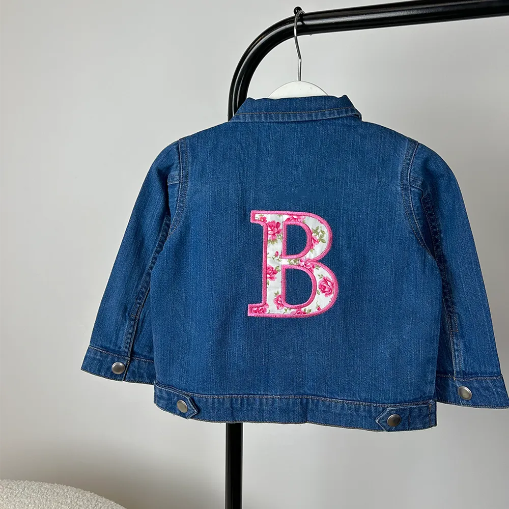 Embroidered Initial Floral Patch Kids Denim Jacket girls clothes cheap