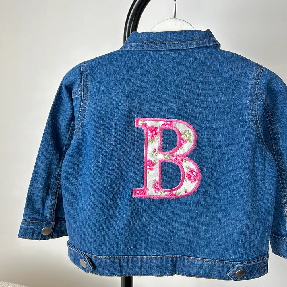 Embroidered Initial Floral Patch Kids Denim Jacket