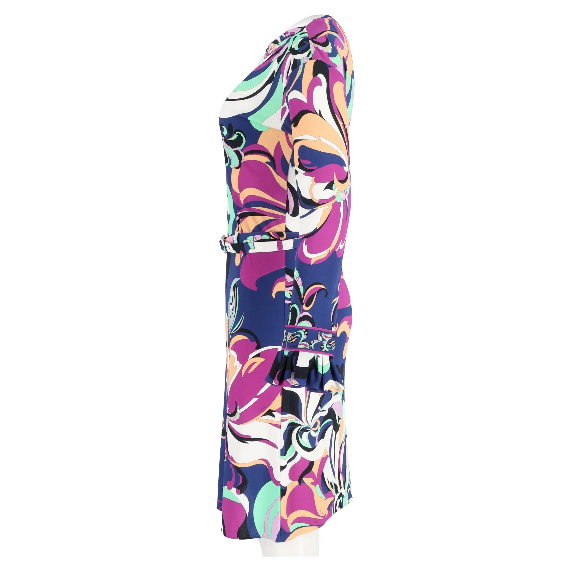 Emilio Pucci Aruba Long-sleeved Belted Midi Dress in Blue and Purple Floral Print Viscose