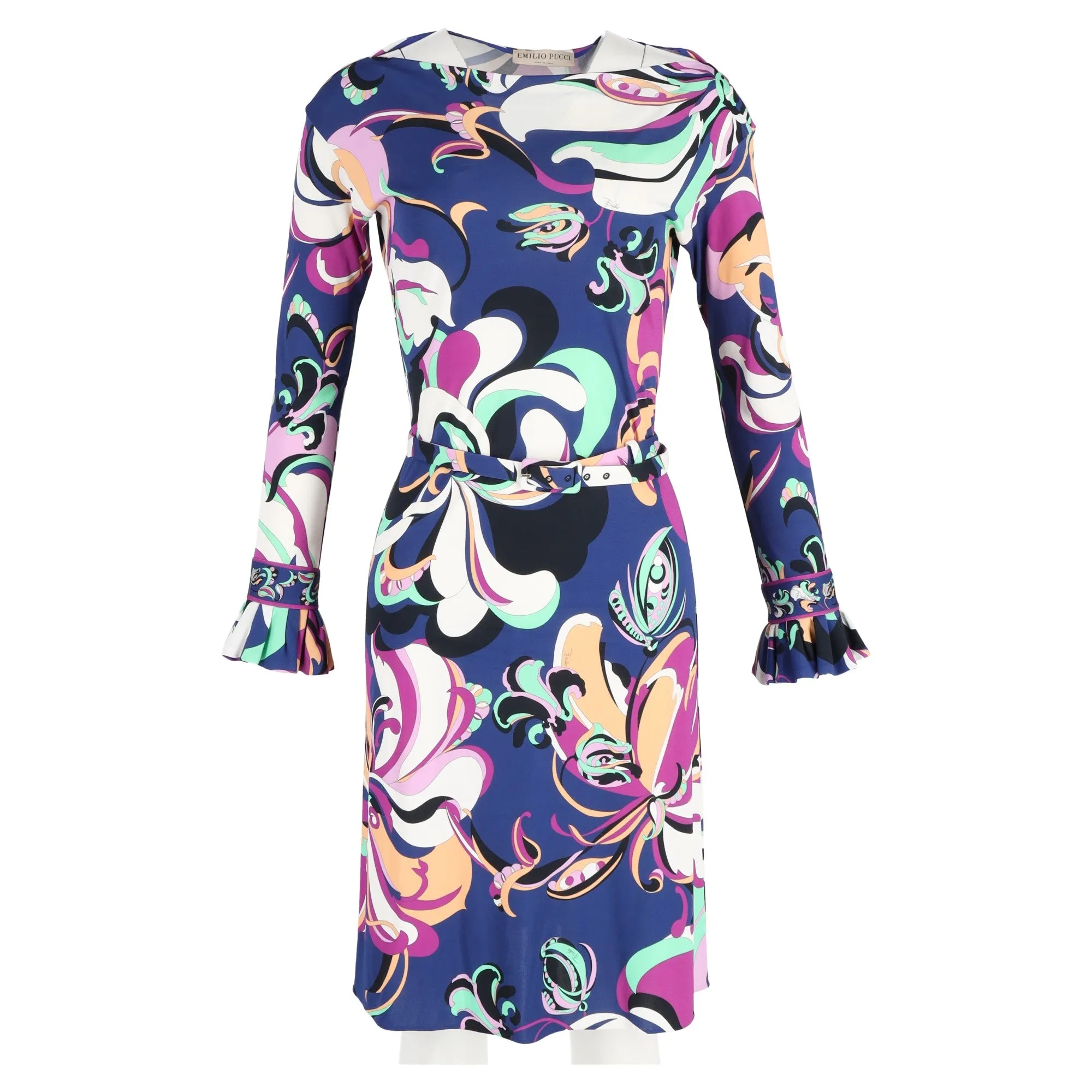 Emilio Pucci Aruba Long-sleeved Belted Midi Dress in Blue and Purple Floral Print Viscose