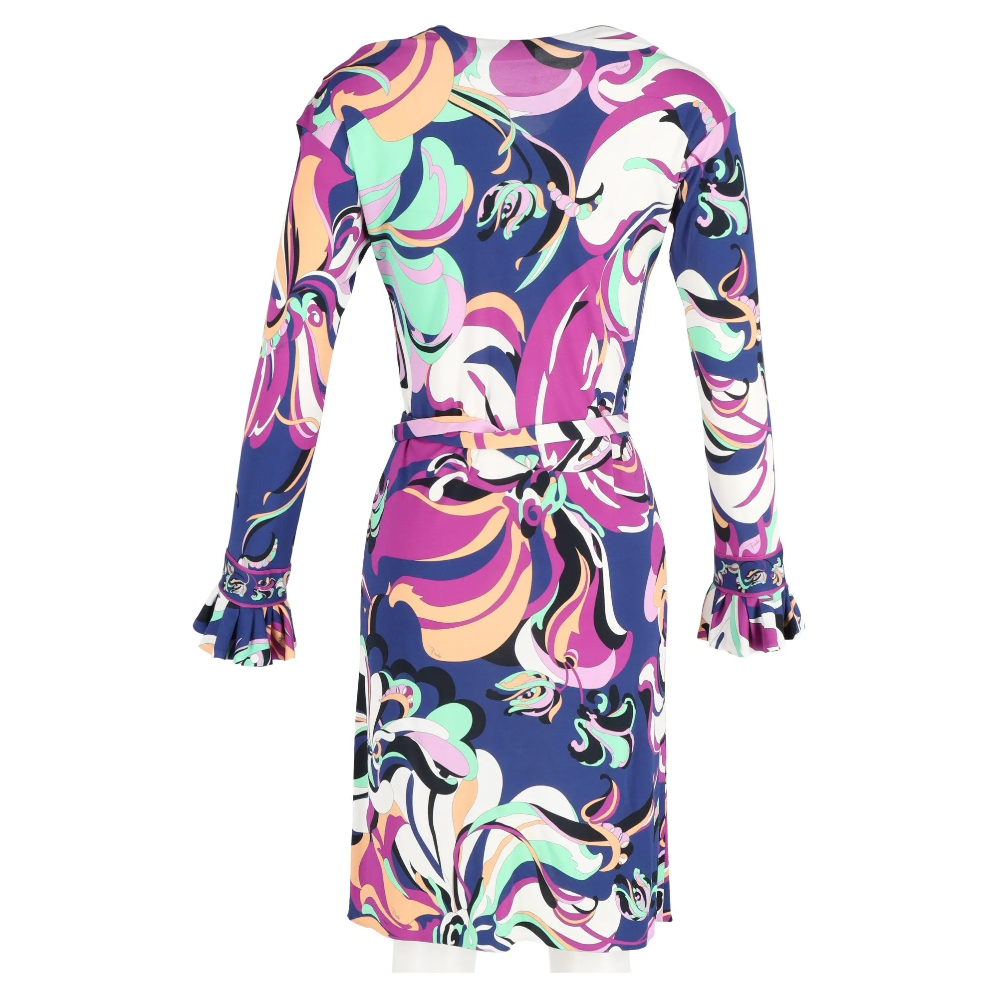 Emilio Pucci Aruba Long-sleeved Belted Midi Dress in Blue and Purple Floral Print Viscose