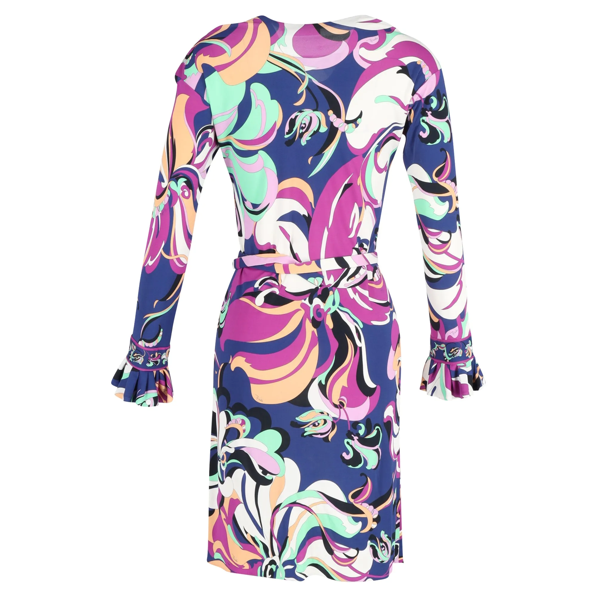 Emilio Pucci Aruba Long-sleeved Belted Midi Dress in Blue and Purple Floral Print Viscose