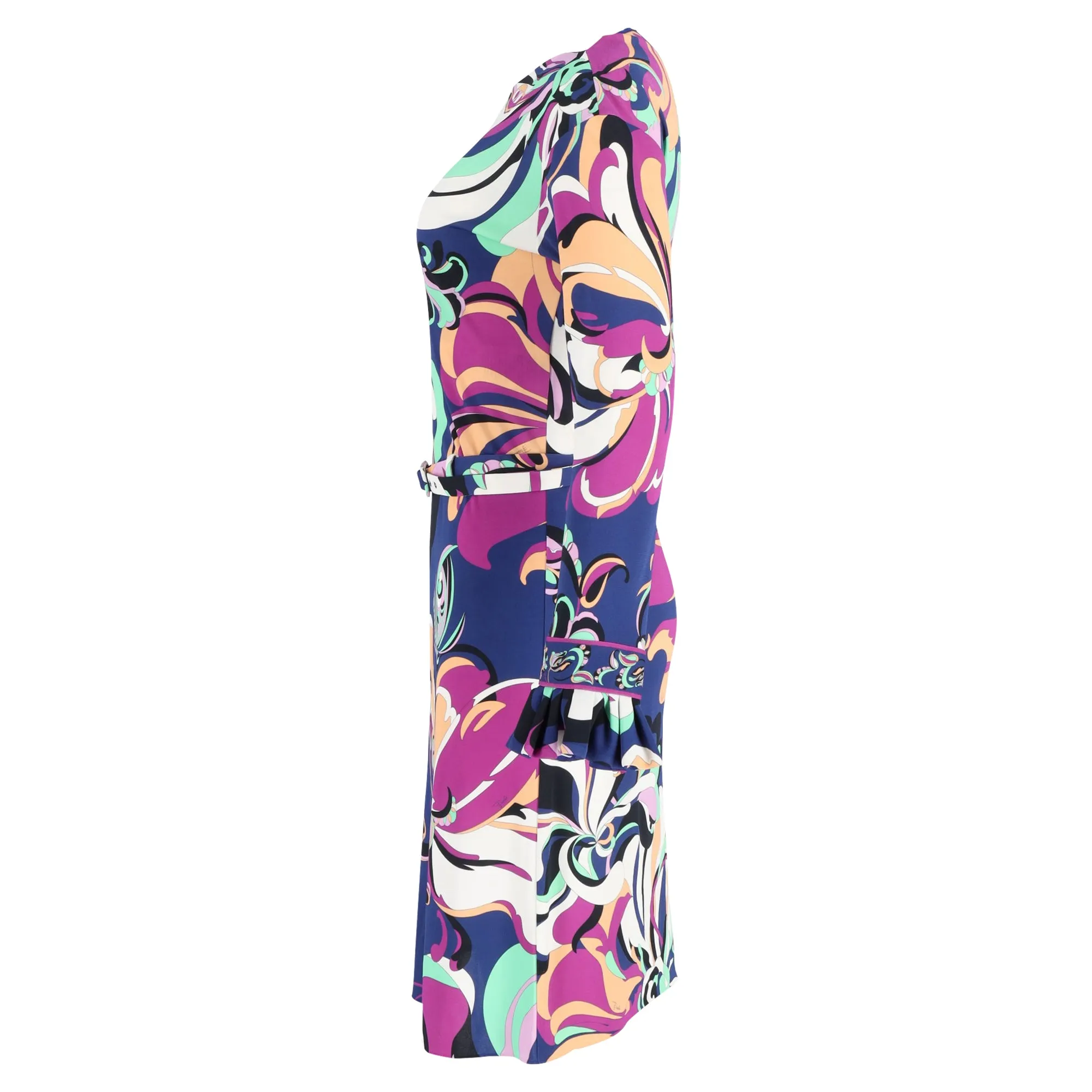 Emilio Pucci Aruba Long-sleeved Belted Midi Dress in Blue and Purple Floral Print Viscose