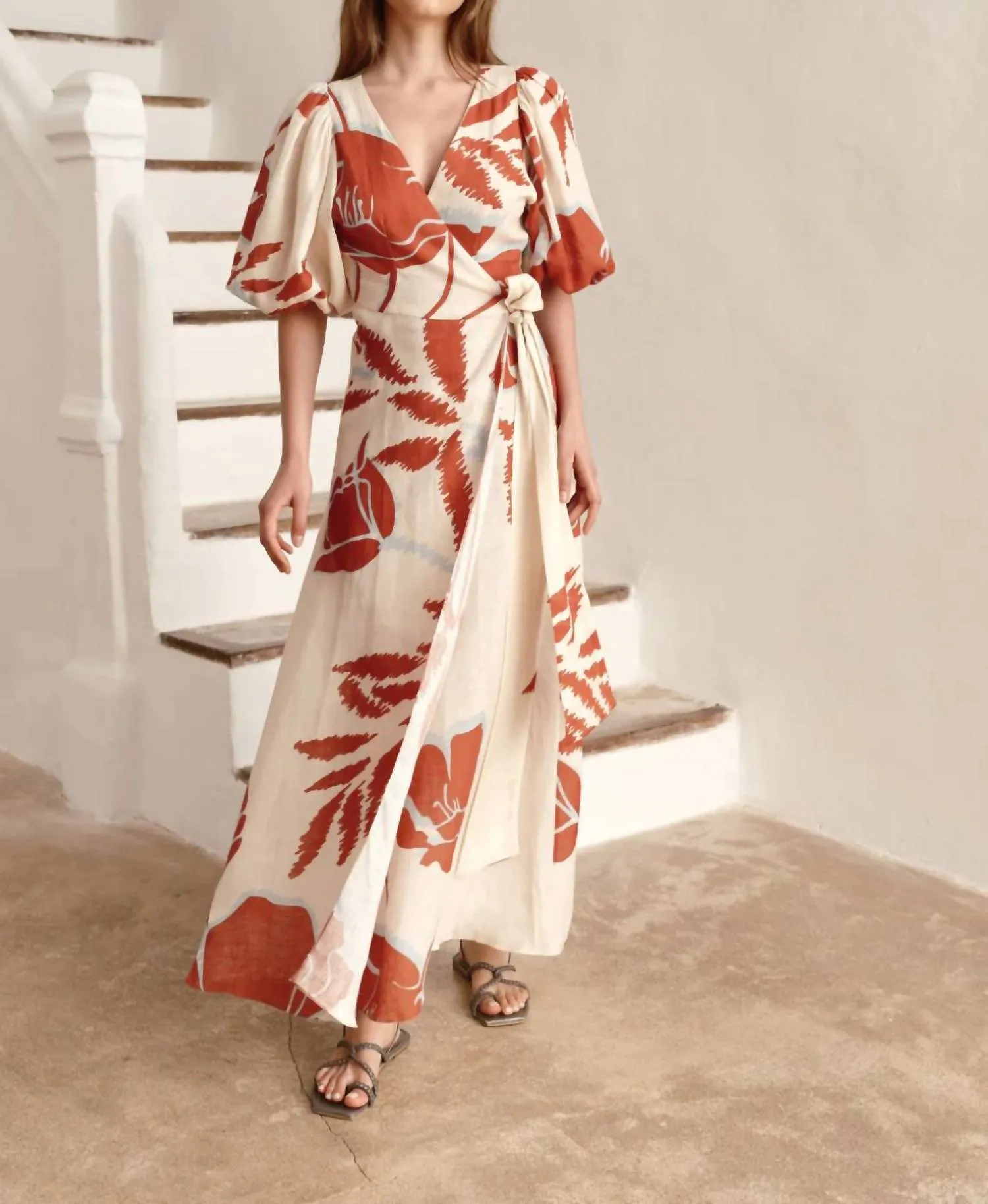 Emrita Midi Dress In Ecru Orange Gladiolos