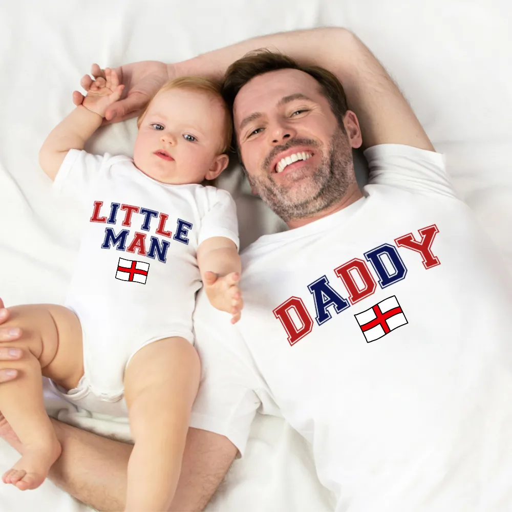 England Daddy & Little Man Matching White T-Shirt/Baby Vest fathers day sale outfits