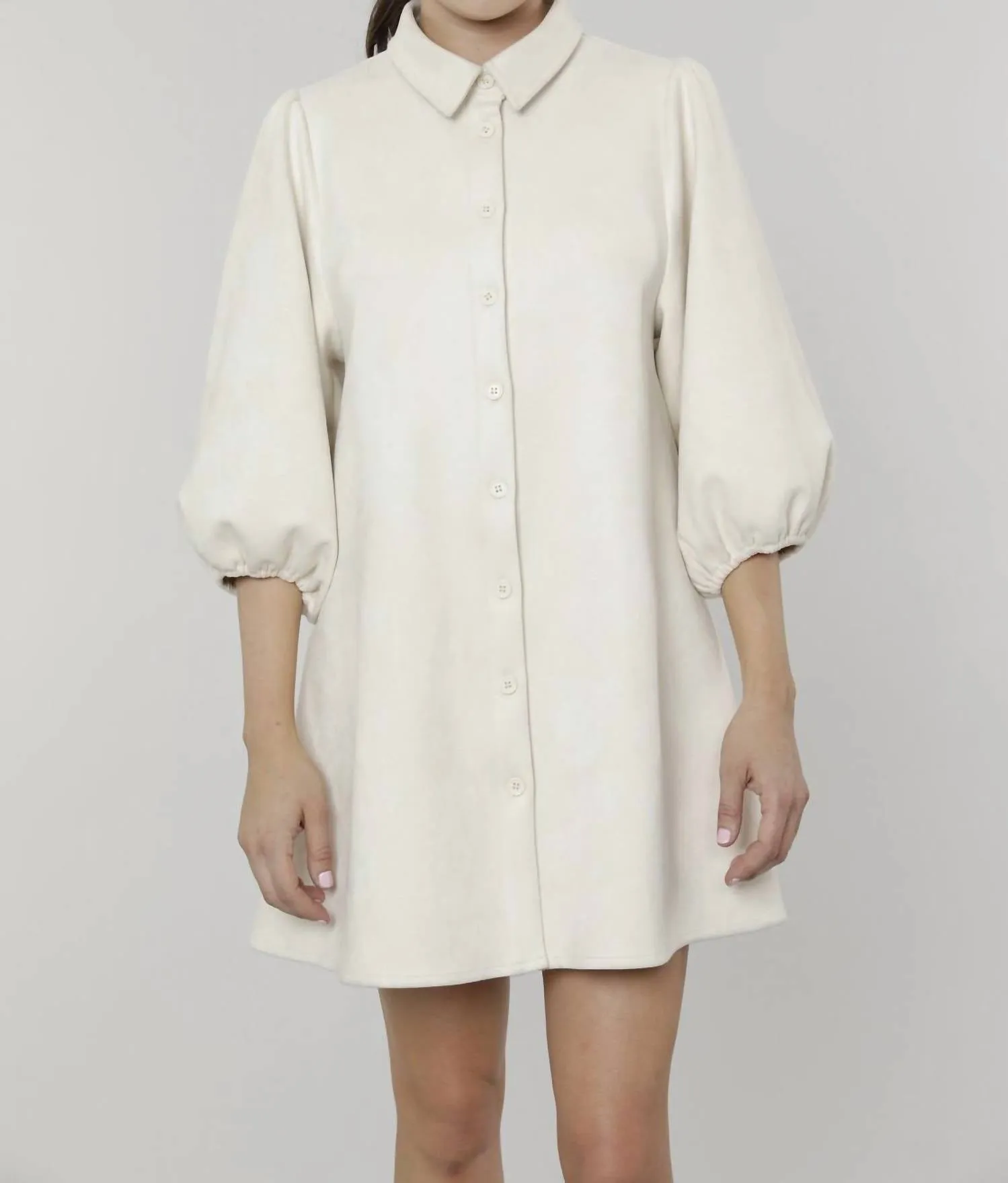 Everywhere Leather Dress With Puff Sleeves In Cream Suede