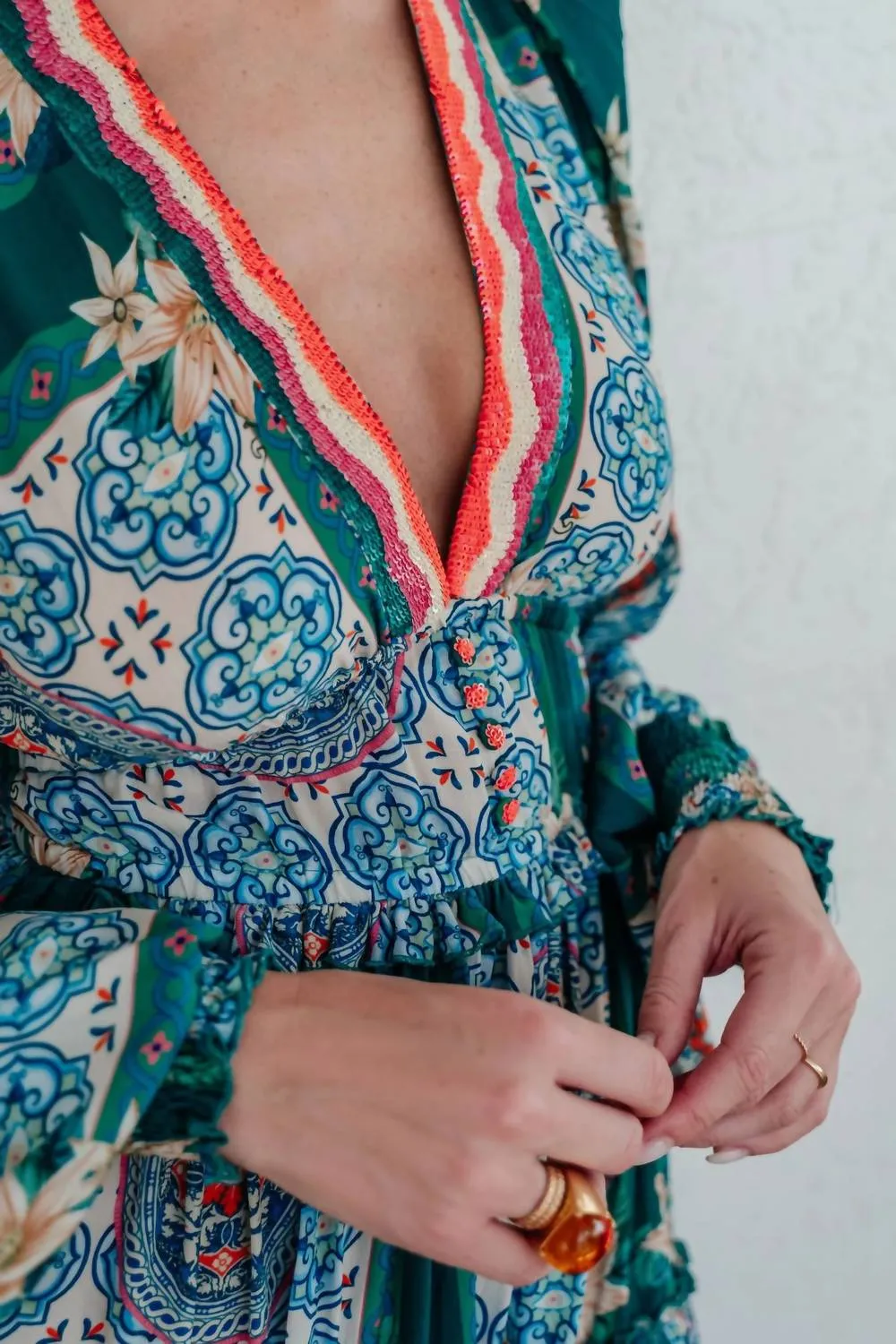 Evi Dress In Aqua Grecian Tile