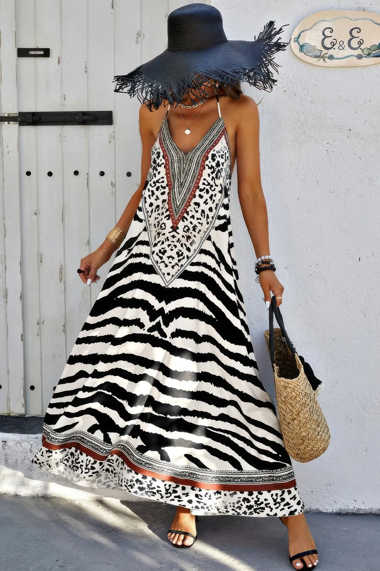 FASHNZFAB Animal Print Halter Deep V Ruffle Maxi Dress
