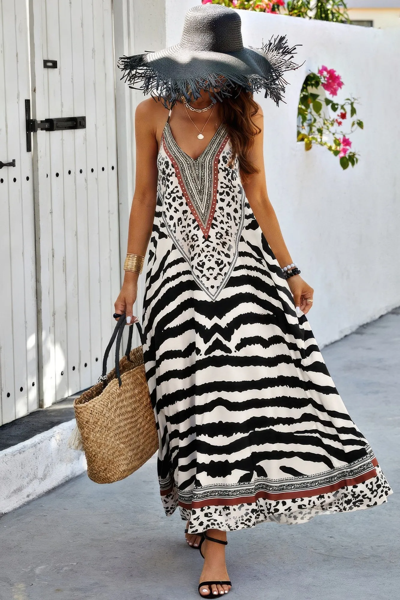 FASHNZFAB Animal Print Halter Deep V Ruffle Maxi Dress