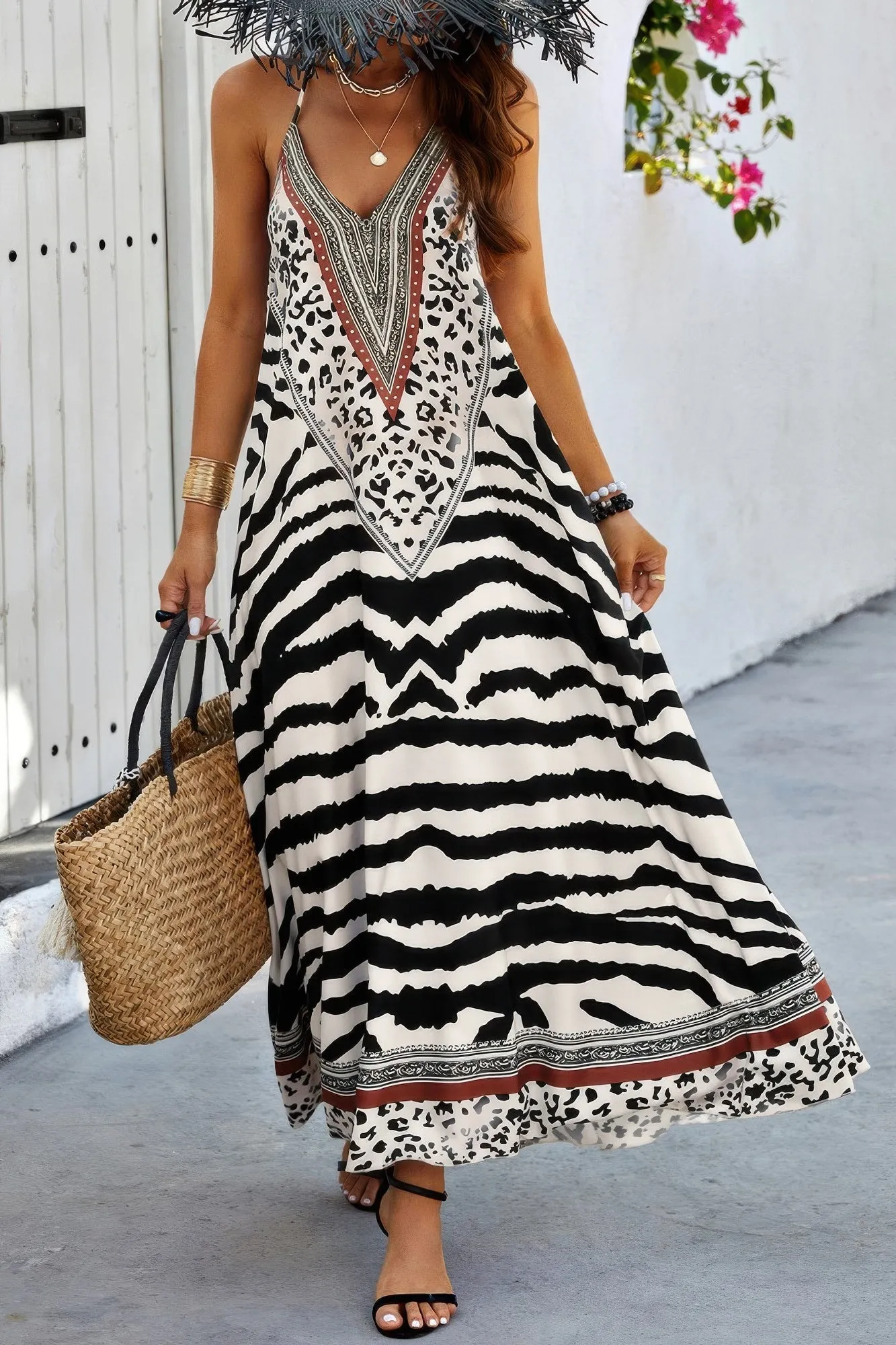 FASHNZFAB Animal Print Halter Deep V Ruffle Maxi Dress