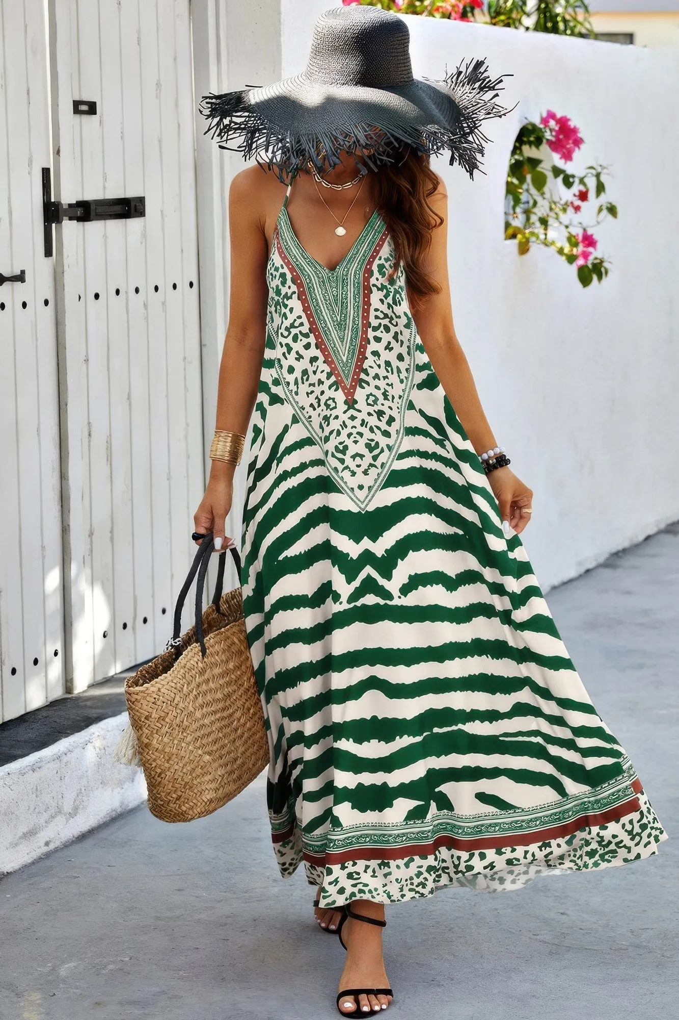FASHNZFAB Animal Print Halter Deep V Ruffle Maxi Dress