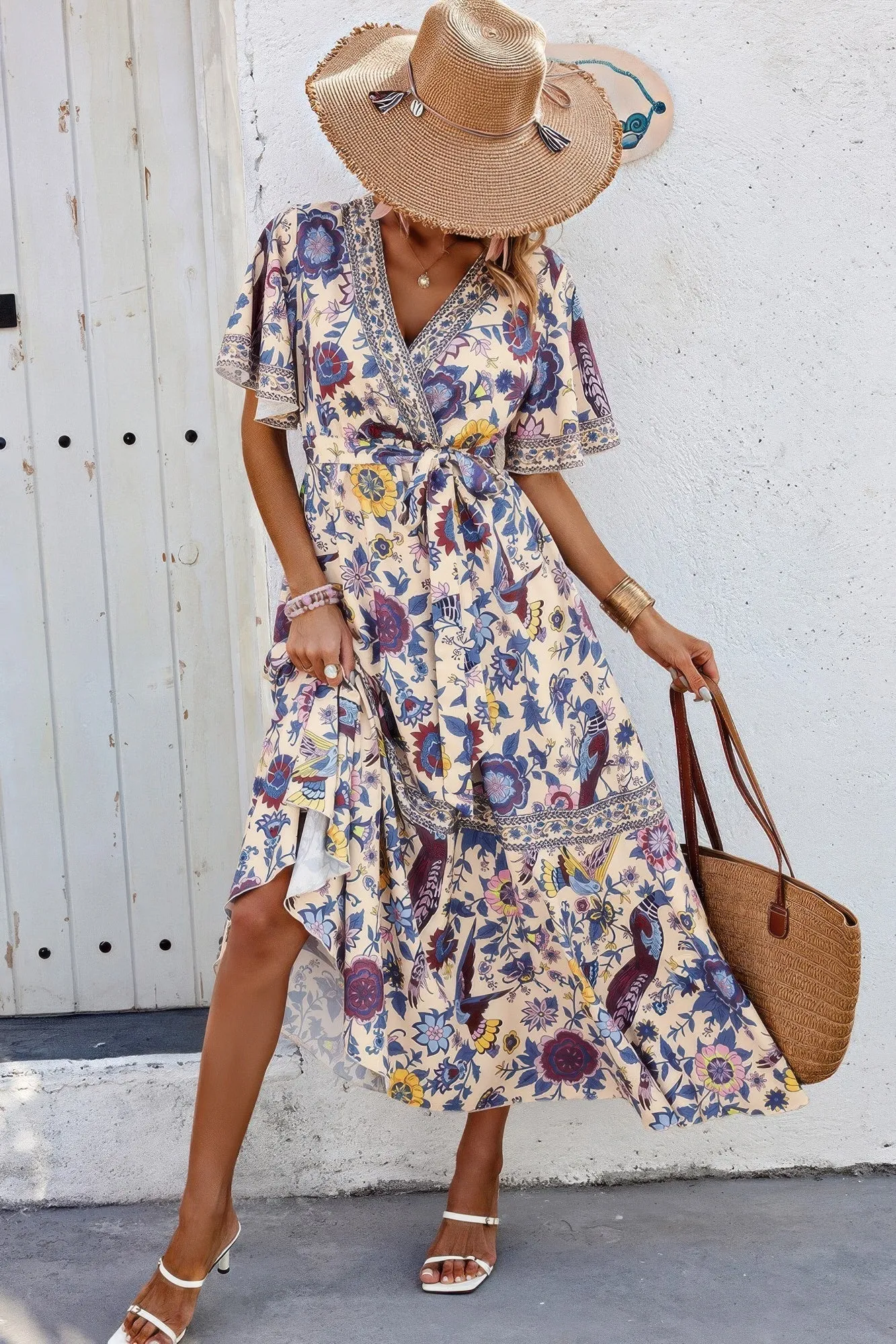 FASHNZFAB Floral Print Lace Trim Cross Belt A Line Dress