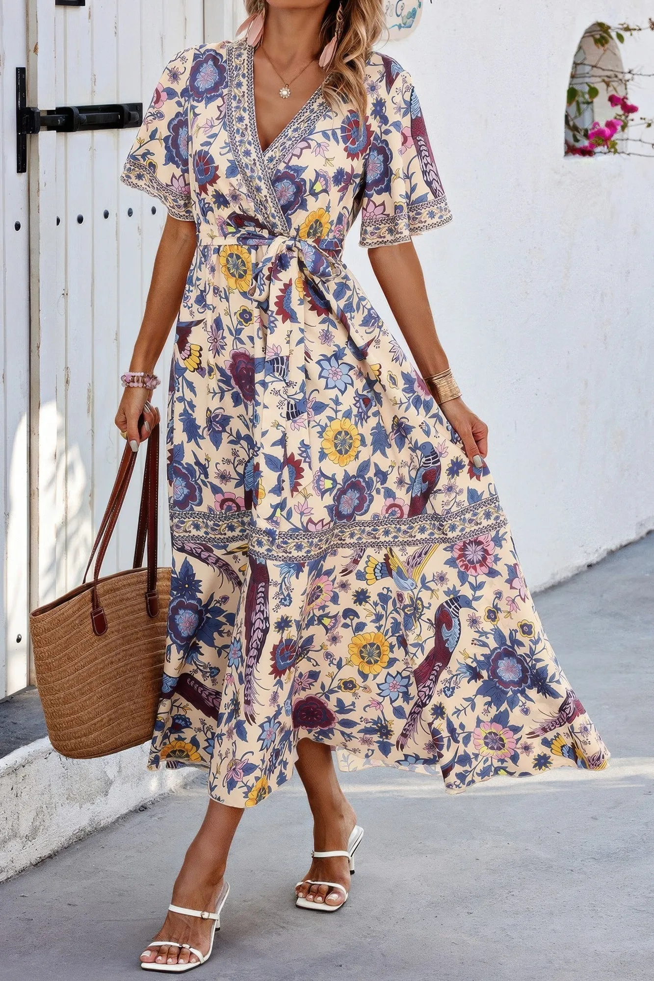 FASHNZFAB Floral Print Lace Trim Cross Belt A Line Dress