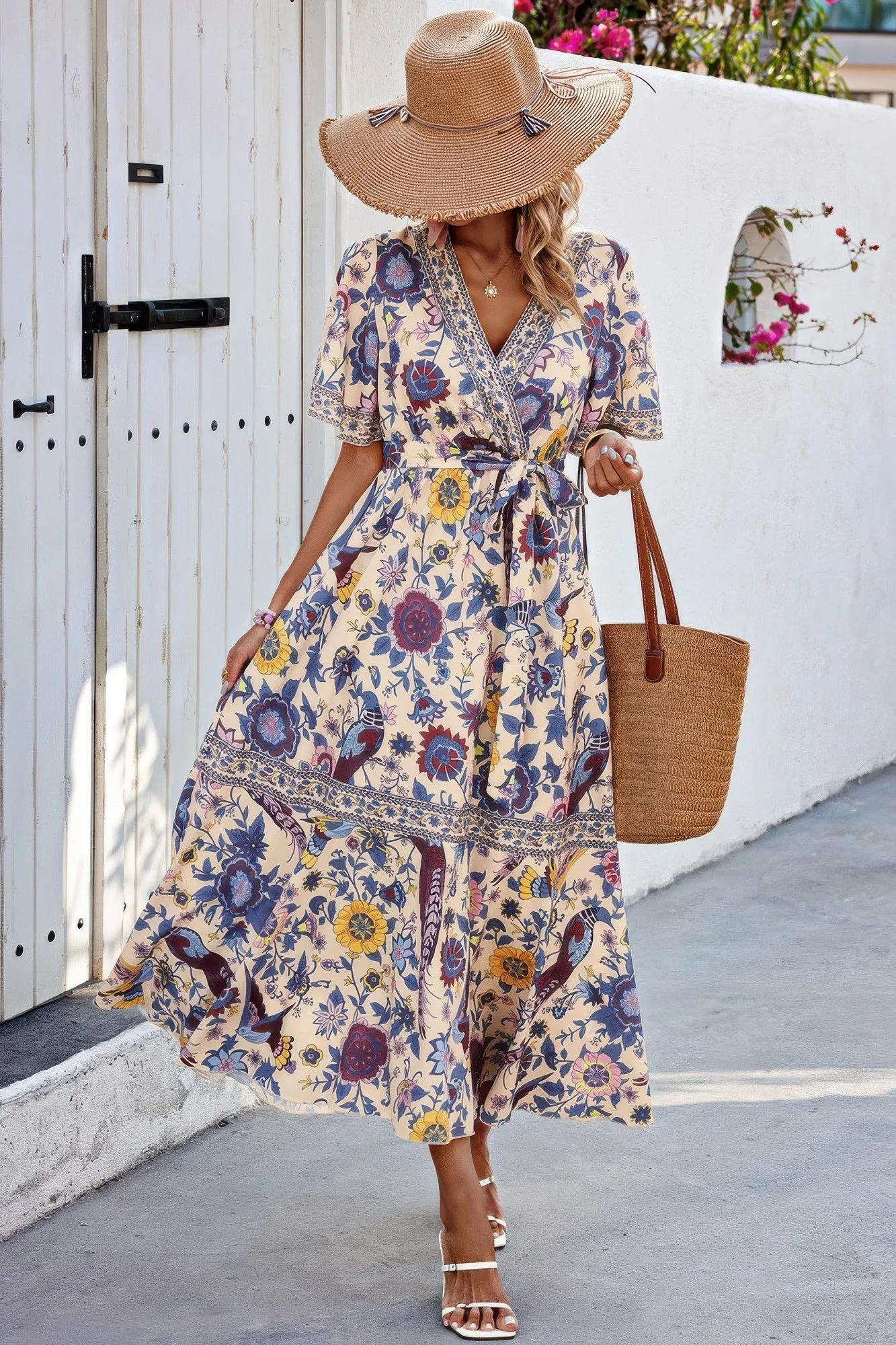 FASHNZFAB Floral Print Lace Trim Cross Belt A Line Dress