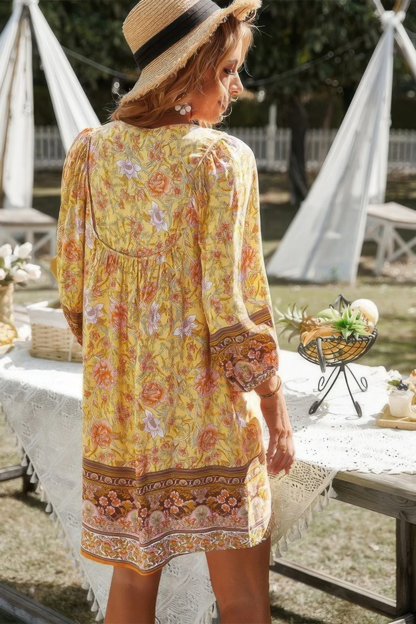 FASHNZFAB Floral V Neck Long Sleeve Boho A Line Dress