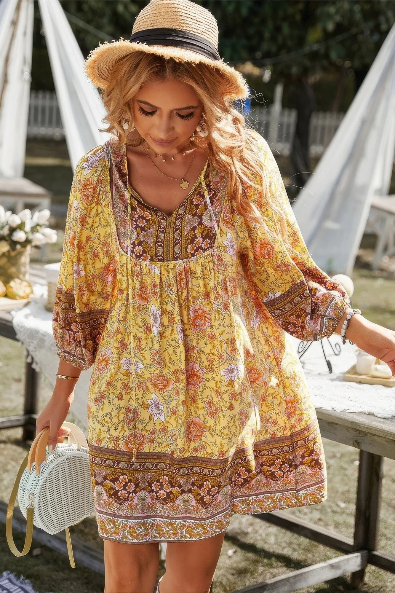 FASHNZFAB Floral V Neck Long Sleeve Boho A Line Dress