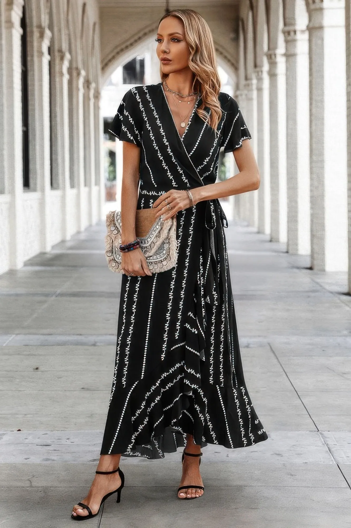 FASHNZFAB Strip Knot Belt Split V Neck Hem Ruffle Fit Dress