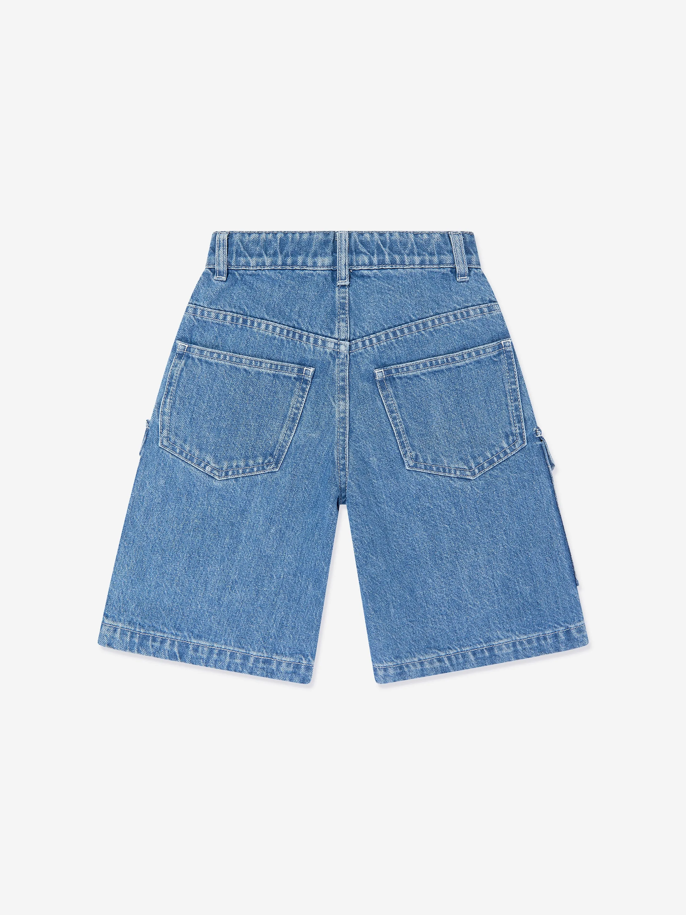 Fendi Boys Washed Denim Bermuda Shorts in Blau