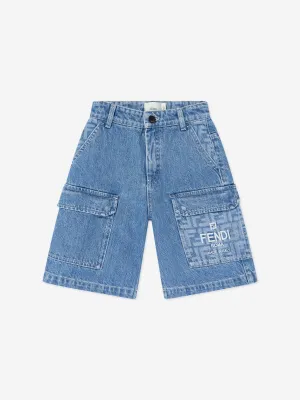 Fendi Boys Washed Denim Bermuda Shorts in Blau