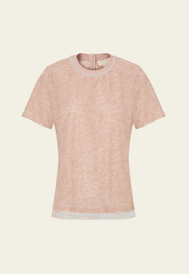 Floral-embroidery Ribbed Crew-neck Mesh T-shirt