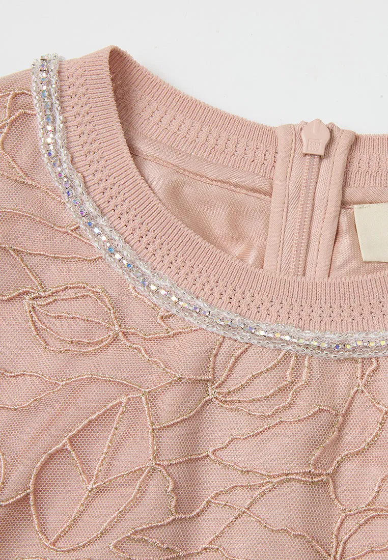 Floral-embroidery Ribbed Crew-neck Mesh T-shirt