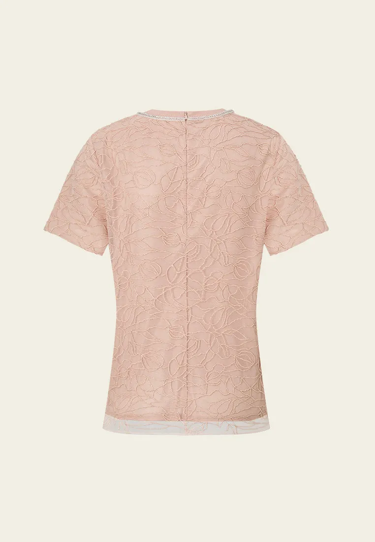 Floral-embroidery Ribbed Crew-neck Mesh T-shirt