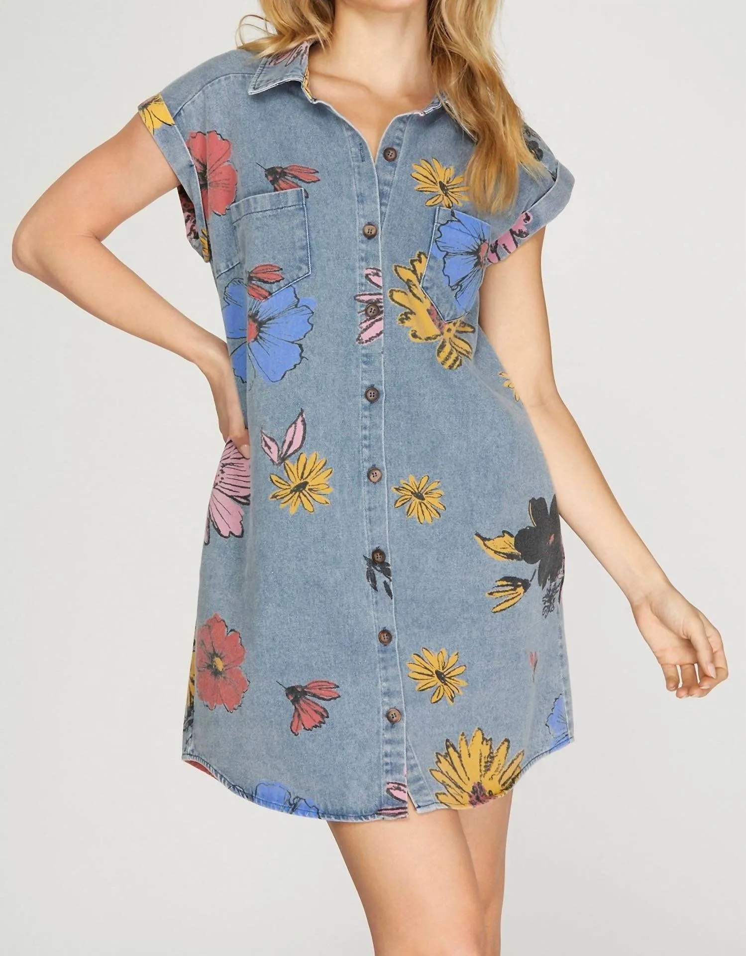 Floral Print Denim Shirt Dress In Blue Denim