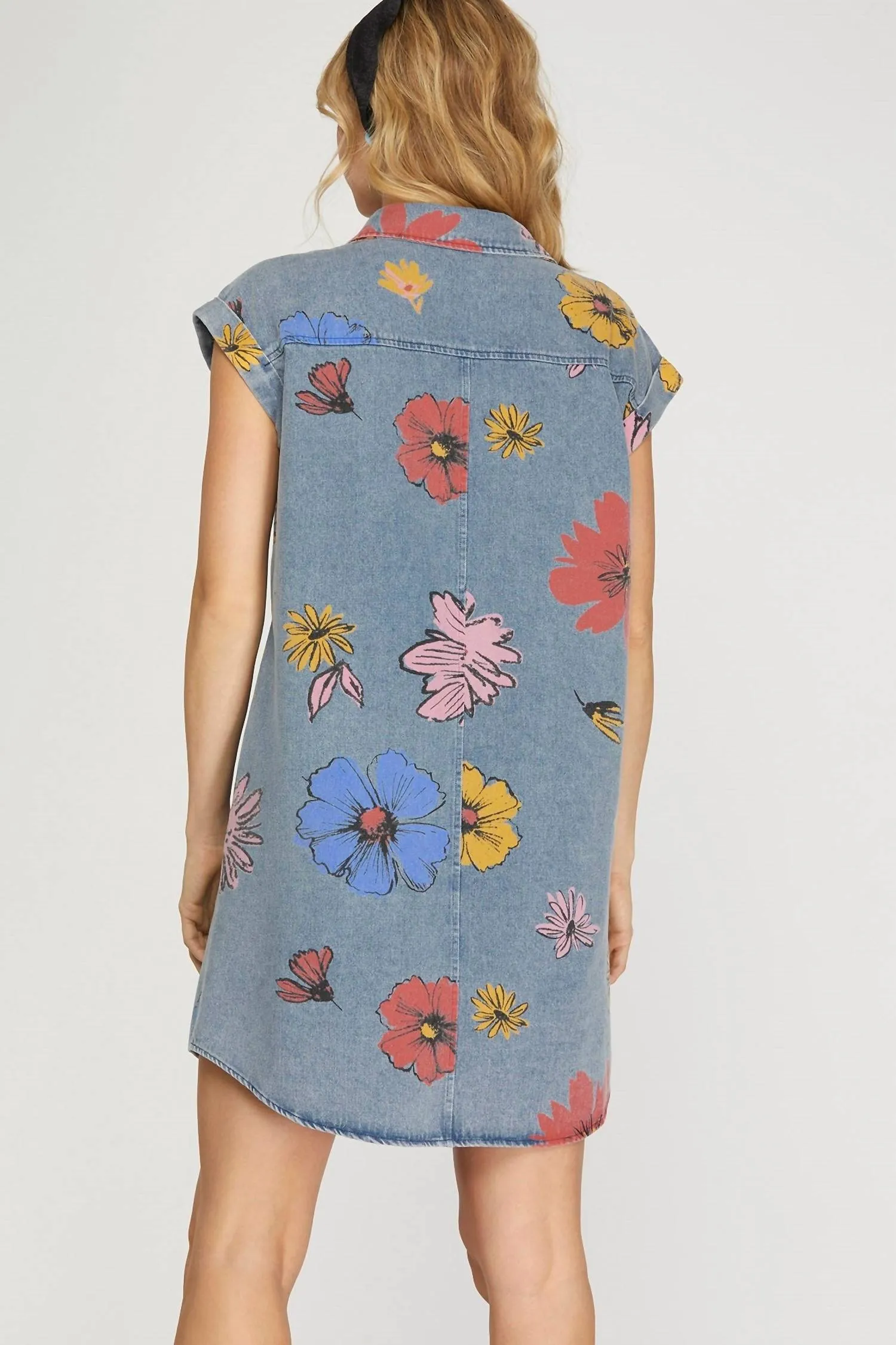 Floral Print Denim Shirt Dress In Blue Denim