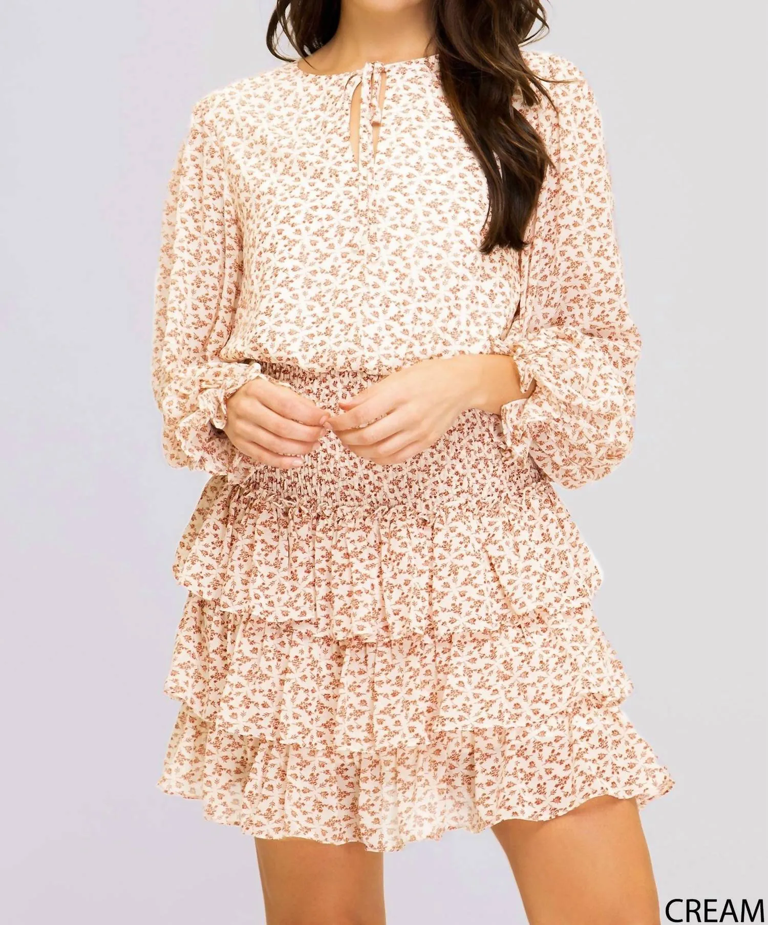 Floral Ruffled Smocked Dress In Cream And Mauve
