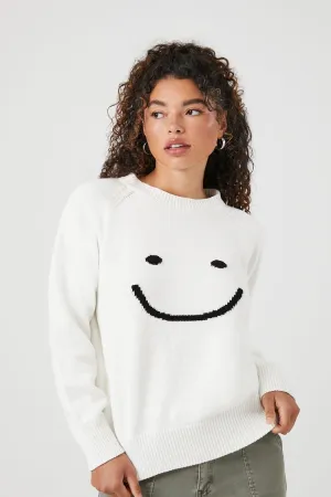 Forever 21 Strickpullover für Damen mit Happy-Face-Motiv Weiß/Mehrfarbig Forever 21