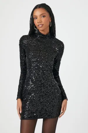 Forever 21 Damen Pailletten-Mockneck-Minikleid Schwarz Forever 21
