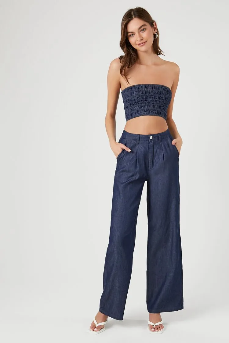 Forever 21 Damen Smocked Denim Röhren-Top & Hose Set Dunkelblau Forever 21