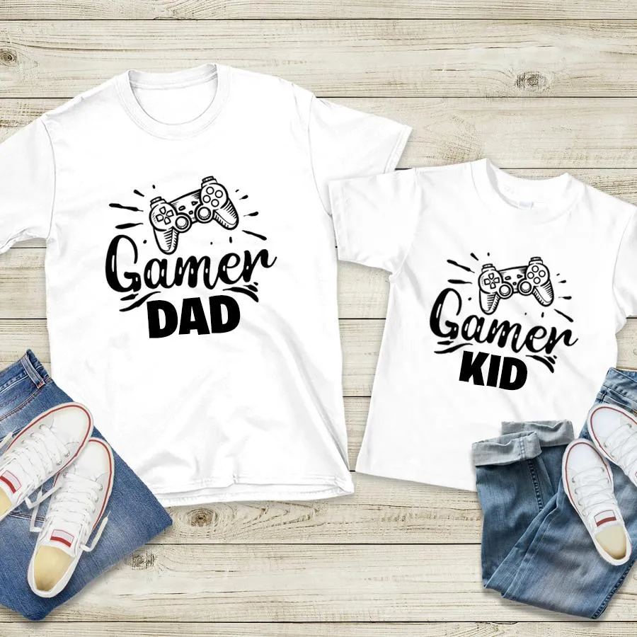 Gamer Dad & Gamer Kid Matching White T-Shirts mens dad clothes online