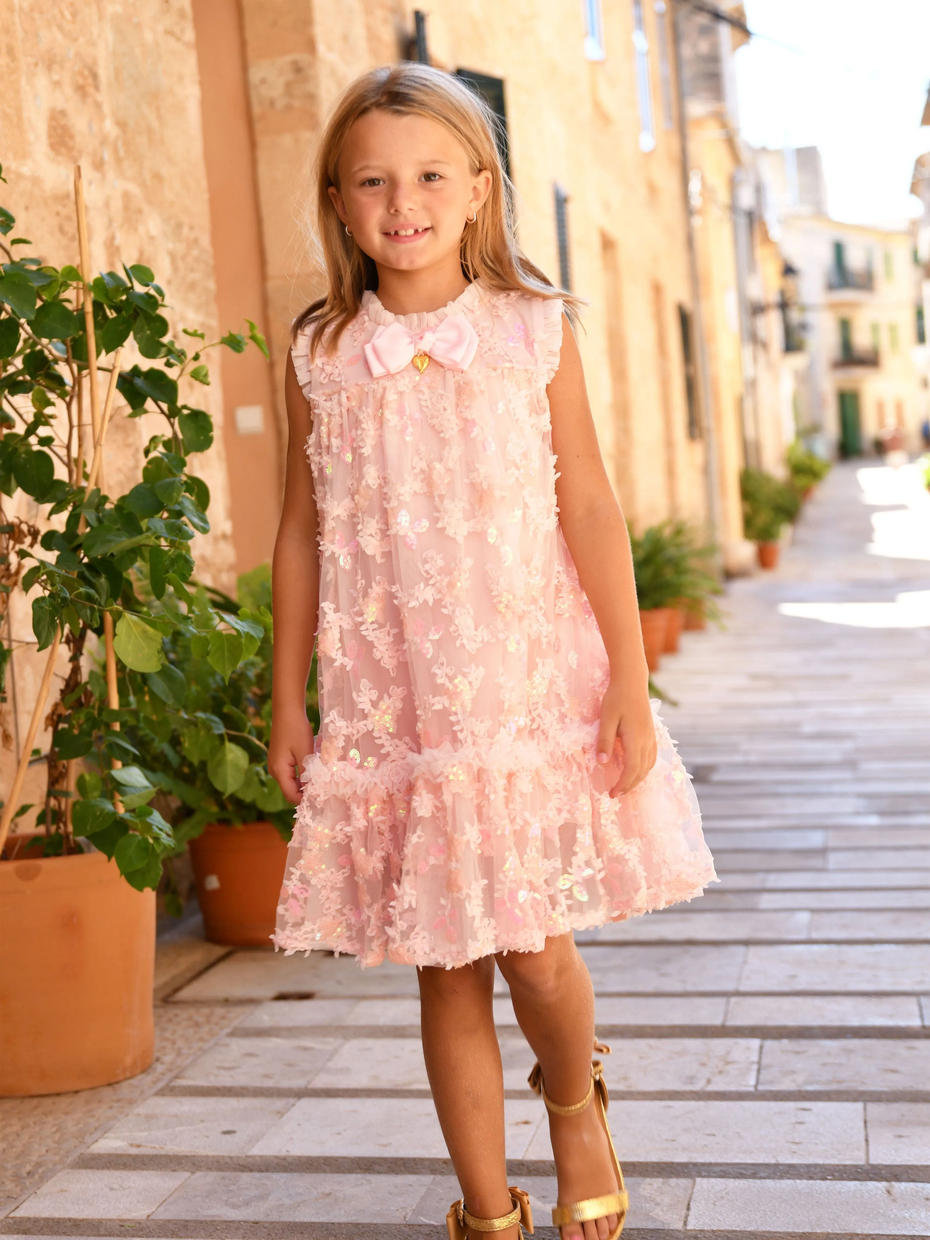 Mädchen Tilly Pailletten Blumen Tüllkleid in Rosa