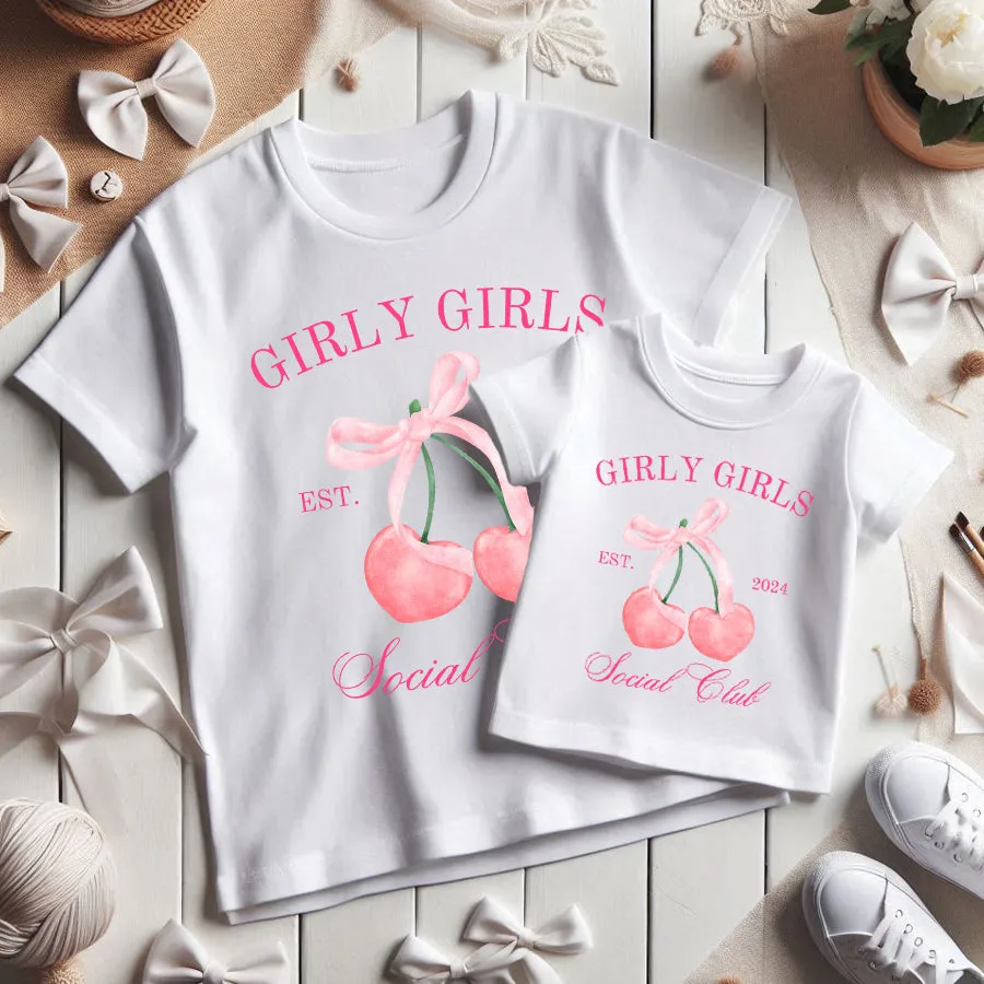 Girly Girls Club Cherry Bow Matching T-Shirts White