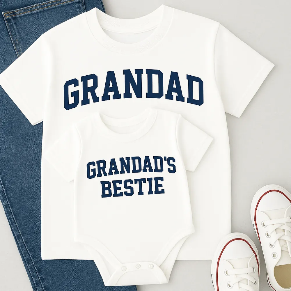 Grandad & Bestie College Matching White T-Shirt & Baby Vest Grandparent Clothing - grandma outfits sale