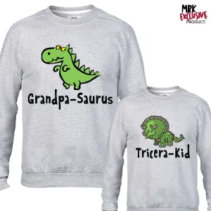 Grandpa-Saurus & Kid Matching Light Grey Sweaters (MRK X) mens dad clothes online