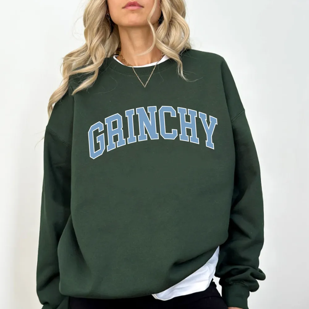 Grinchy College Women's Christmas Sweatshirt mum jeans promo