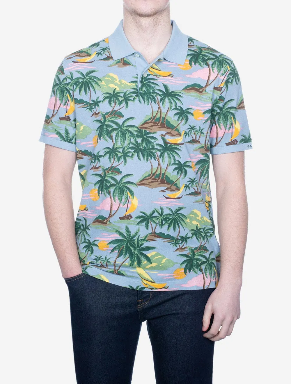 Hawaii Print Kurzarm Polo Taubenblau