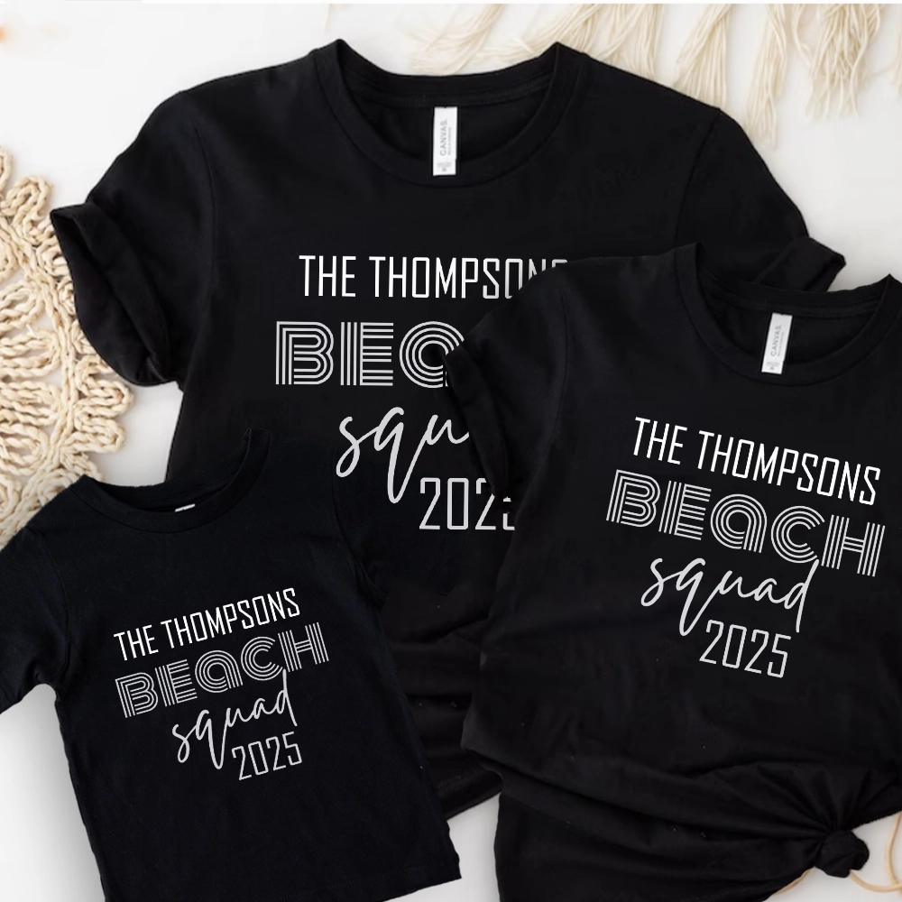 Island Vibes- Beach Squad 2025 Family Personalised Black T-Shirts discount mum dresses