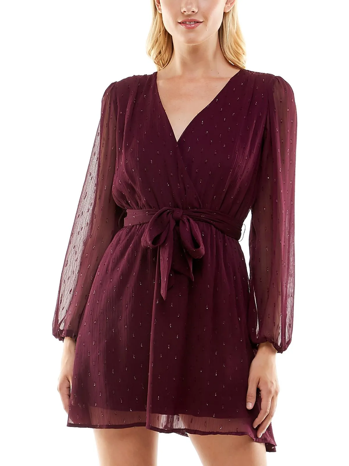 Juniors Womens Chiffon Metallic Dot Wrap Dress