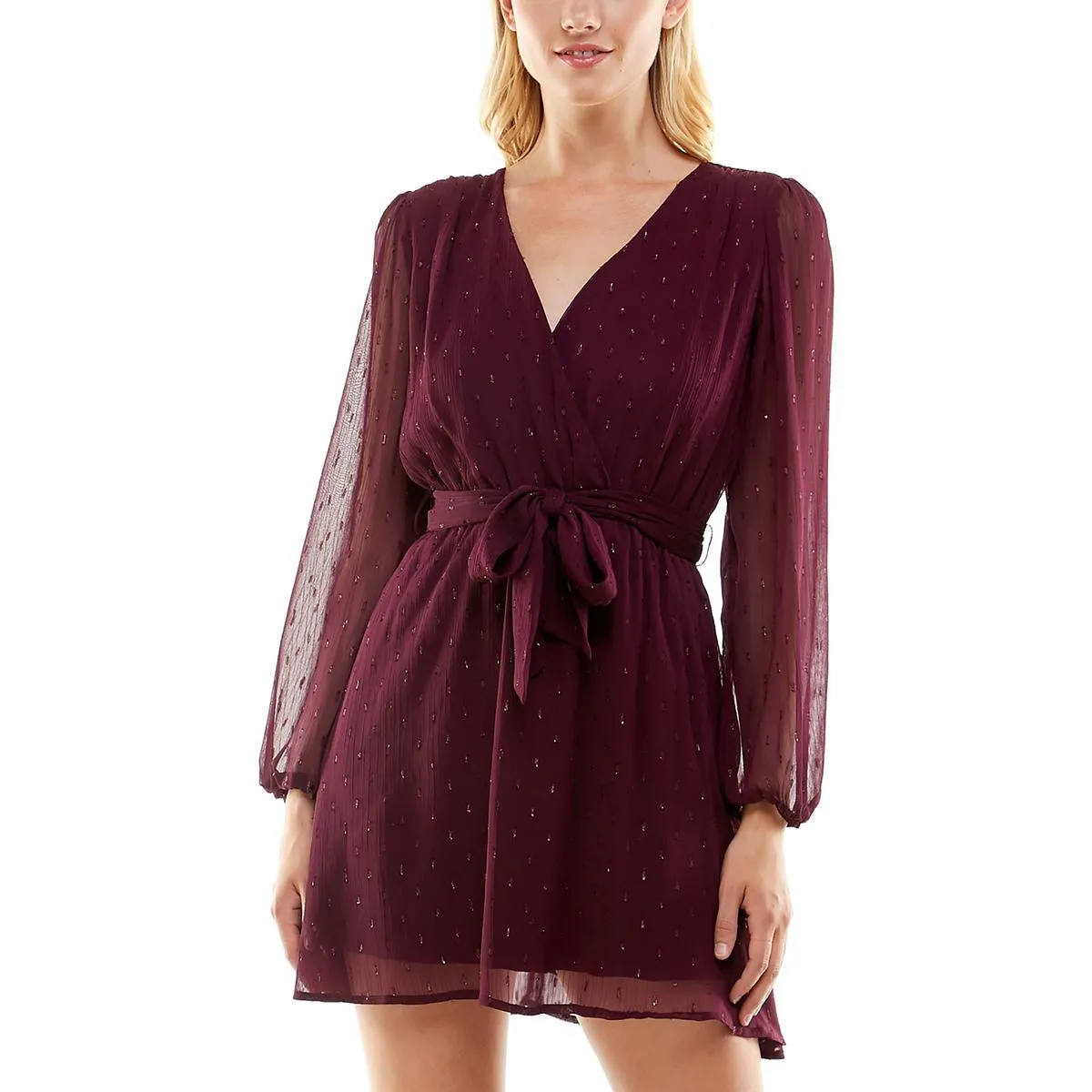 Juniors Womens Chiffon Metallic Dot Wrap Dress