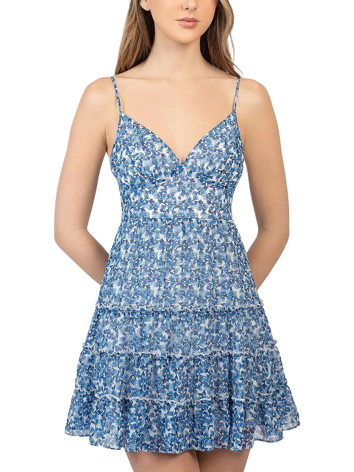Juniors Womens Floral Print Short Mini Dress