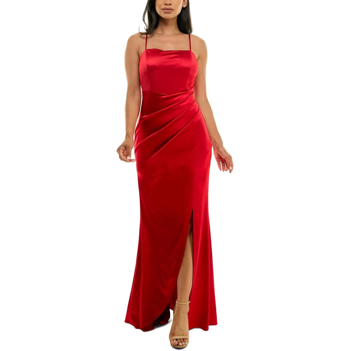 Juniors Womens Pleated Split Hem Evening Dress