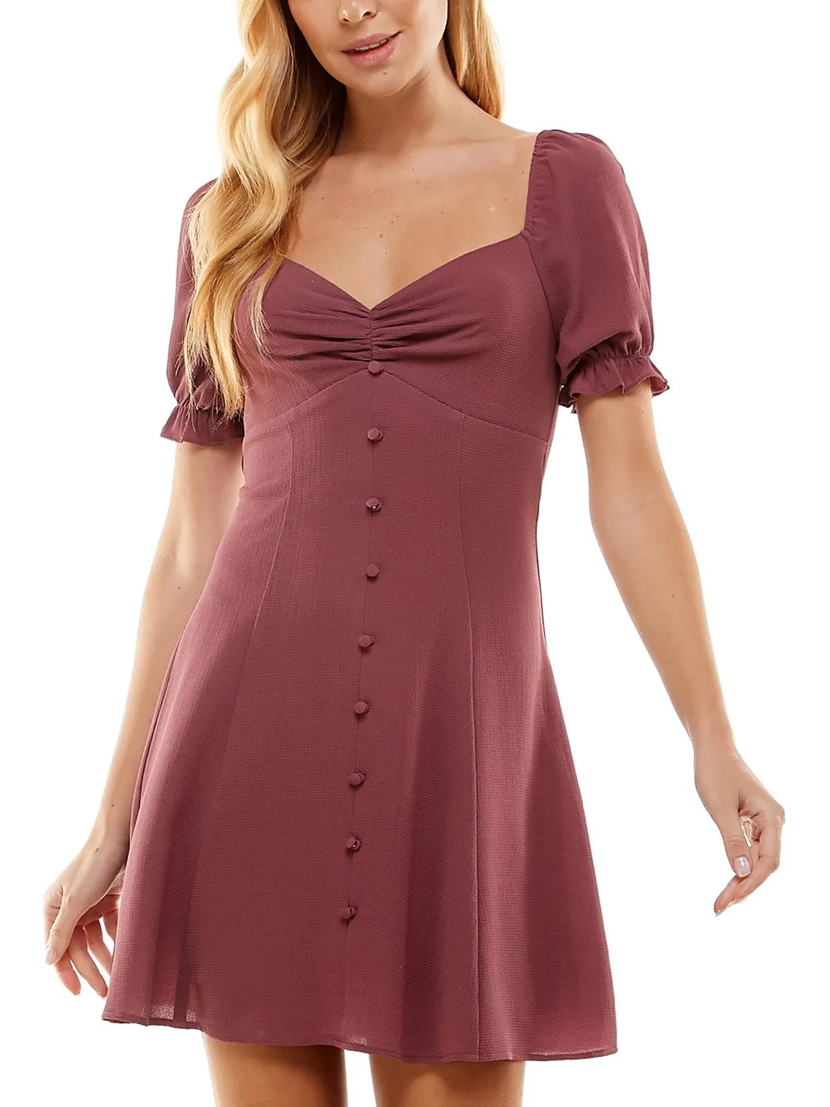 Juniors Womens Sweetheart Neckline Puff Sleeves Fit & Flare Dress