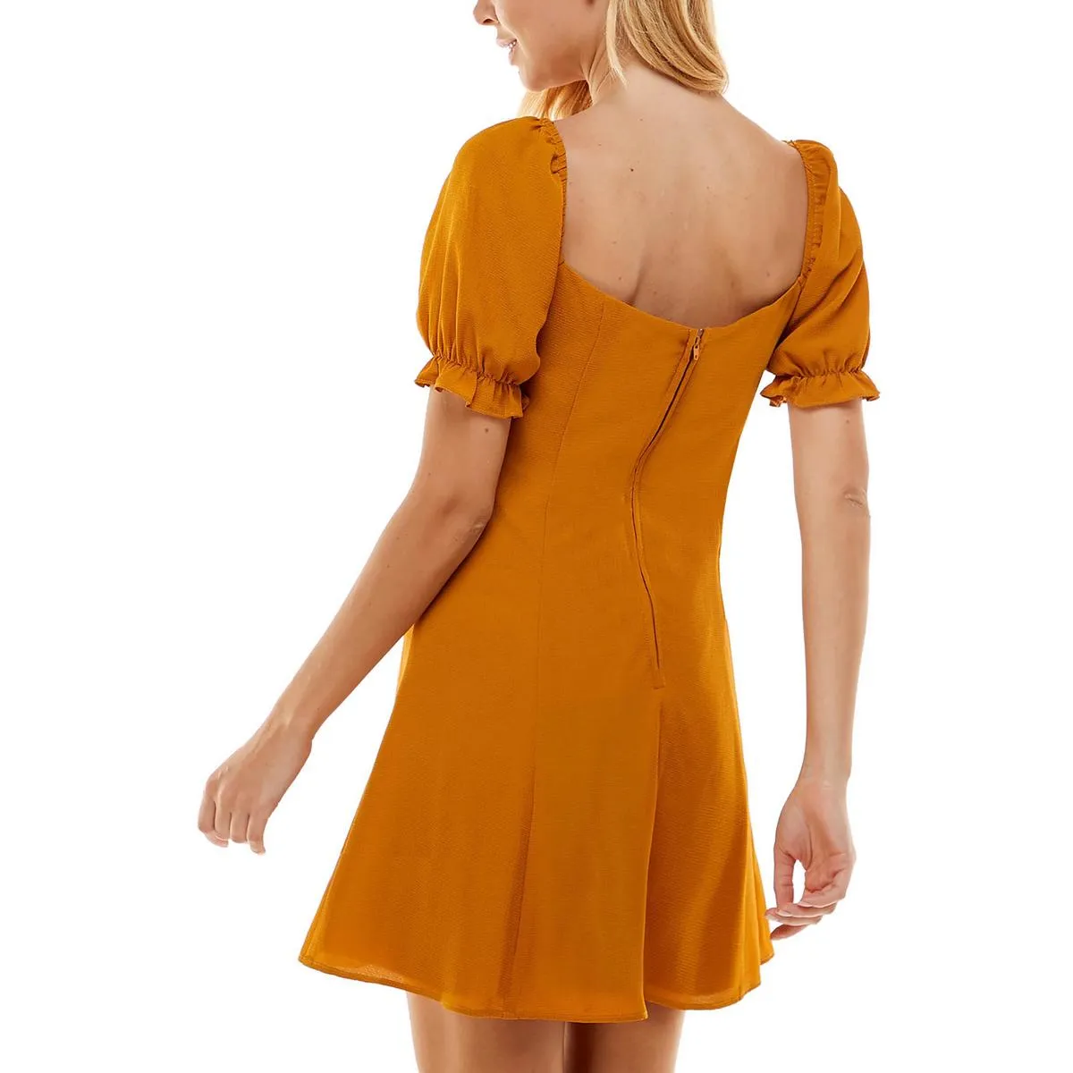 Juniors Womens Sweetheart Neckline Puff Sleeves Fit & Flare Dress