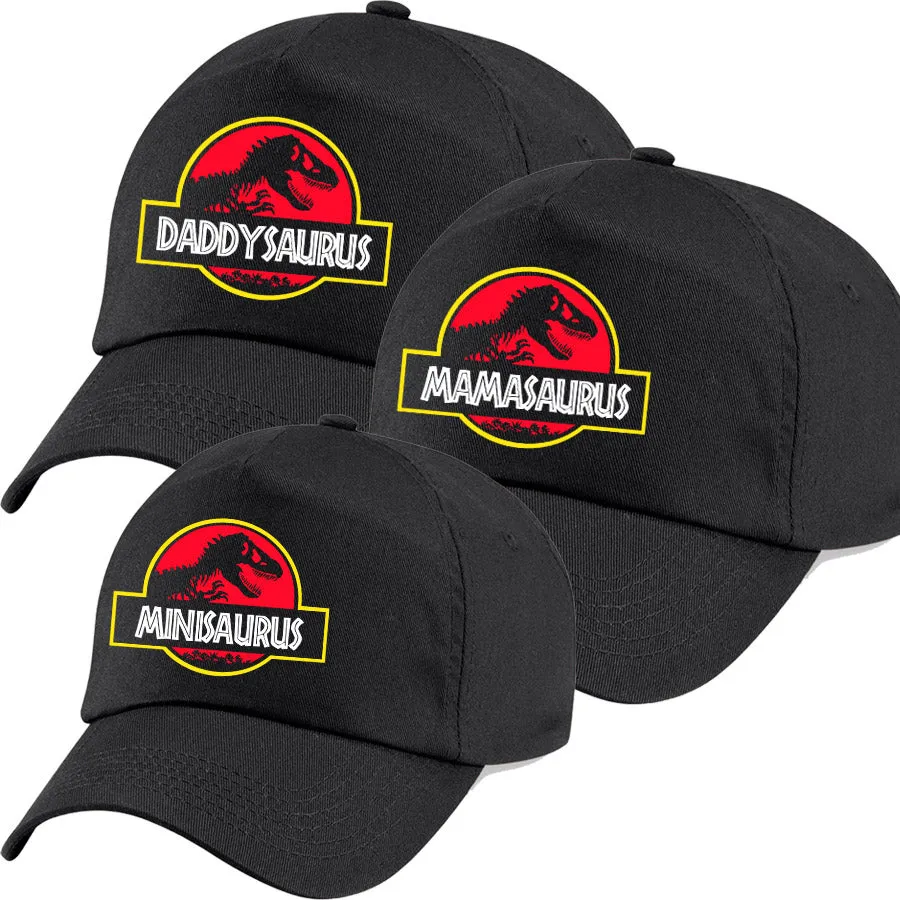 Jurassic Daddy, Mama & Mini Saurus Matching Black Caps
