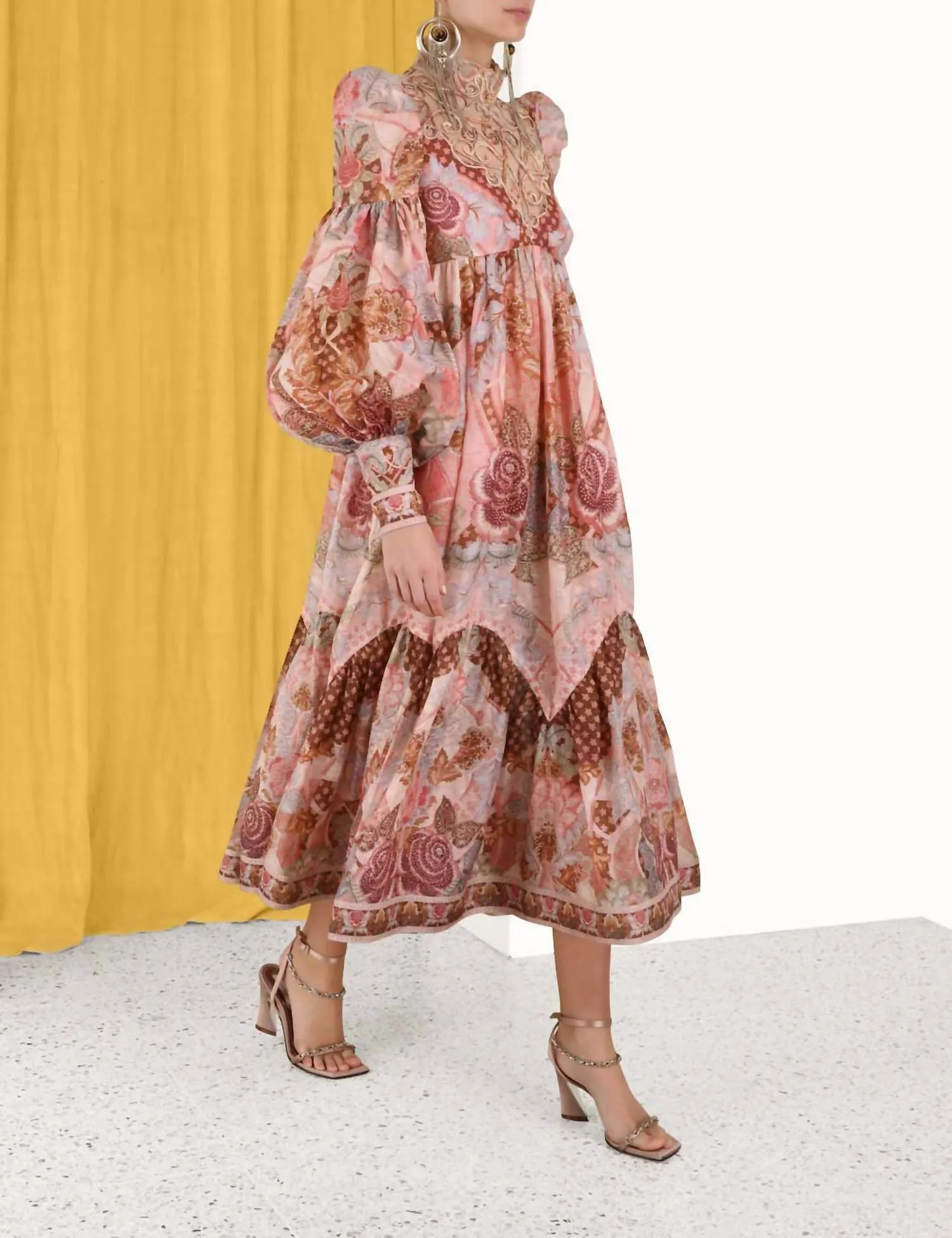 Kaleidoscope Swirl Yoke Midi Dress In Apricot Floral