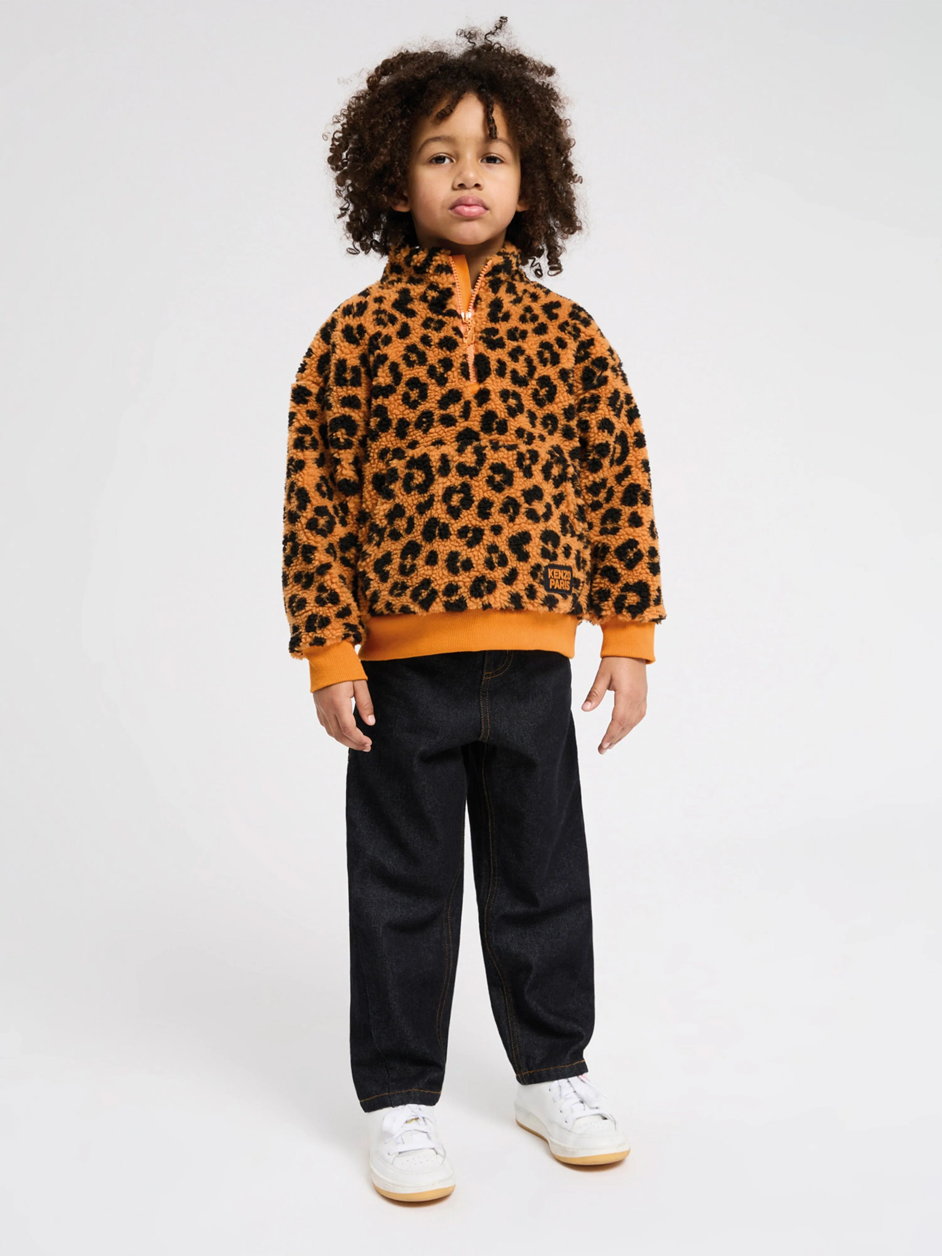 KENZO Kids Leoparden-Pullover mit halbem Reißverschluss in Orange